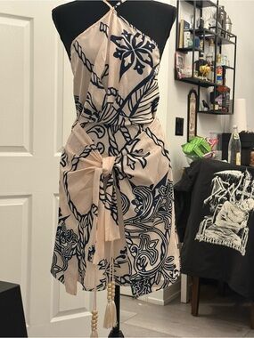 Beige and Navy Floral Tie-Waist Halter Dress